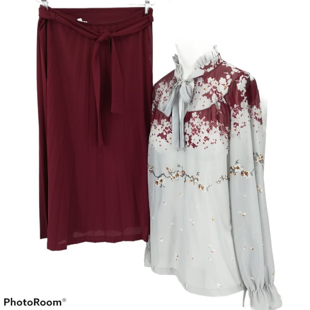 Vintage Plaza Square Sheer Floral Blouse Skirt Set